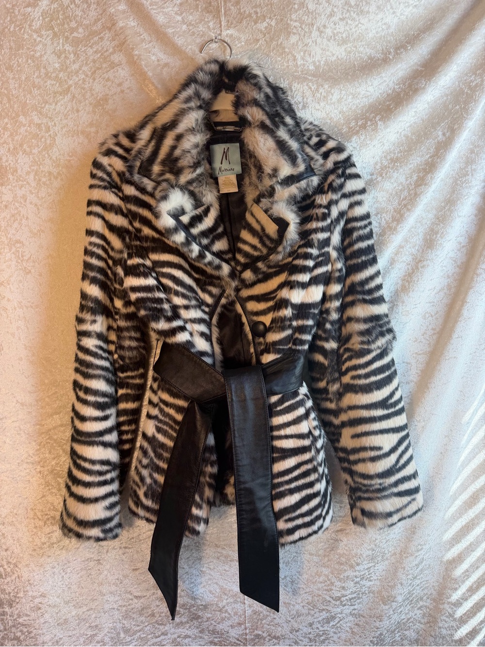 RARE Marciano Y2K Zebra 100% Rabbit Fur Leather Belted Coat S